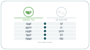 GREEN TEA and SILVER PIN pronunciation pairs: seat and sit, ease and is, peak and pick, lead and lid, deep and dip